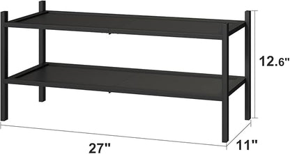 2-Tier Black Bamboo Shoe Rack, Stackable Bamboo Wood Shoe Rack for Closet, Entryway & Hallway