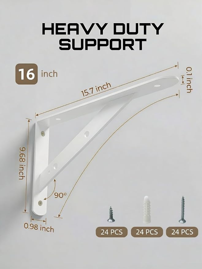 Shelf Brackets Heavy Duty, 8 Pack White 16 inch Floating Shelf Bracket, Max Load 300 lbs of Metal Triangle Decorative Shelf Support Brackets for Wall Mount