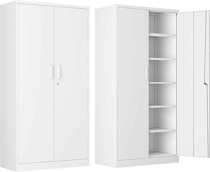 Metal Storage Cabinet with Lock, 71" White Garage Cabinets with 2 Doors and 5 Adjustable Shelves, Steel Locking Caninets Tall Tool Utility Caninet, Lockable File Cabnet for Home Office, Pantry