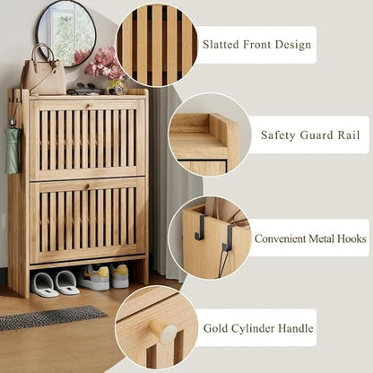 wanan 24" Shoe Cabinet with 2 Flip Slatted Drawers, Adjustable & Removable Panels, Narrow Shoe Cabinet Storage for Entryway, Hallway, Shoe Rack Organizer Cabinet, Light Oak