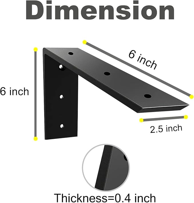 WINKER Countertop Support Bracket 4 Pack Heavy Duty 3/8" Thick Hidden L Shelf Bracket 6" x 6" x 2.5" Metal Corbels for Quartz/Granite/Wood/Concrete/Laminate Countertops, Black