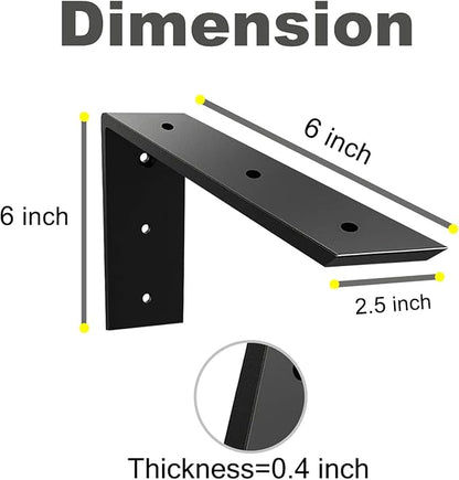 WINKER Countertop Support Bracket 2 Pack Heavy Duty 3/8" Thick Hidden L Shelf Bracket 6" x 6" x 2.5" Metal Corbels for Quartz/Granite/Wood/Concrete/Laminate Countertops, Black