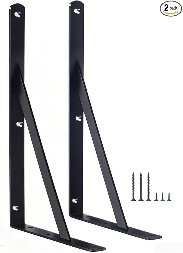 2 Pack L12 x H 8" Black Heavy Duty Shelf Brackets with Screws Metal Shelf Brackets Shelf Support Angle Brackets for Shelves L Brackets Heavy Duty Floating Shelf