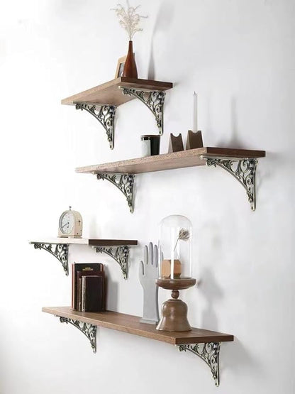 Decorative Shelf Bracket 6 inch, Brushed Antique Brass Brackets for Shelving, Heavy Duty Vintage, DIY Projects, Hardware Included, 4 Pack, 5.9x4.17x1.73 inch，Baroque Style