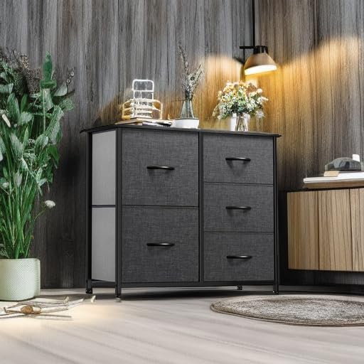 YITAHOME Dresser for Bedroom with 5 Drawers, Wide Bedroom Fabric Dresser with Storage Bins, Clothes Cabinet for Bedroom, Living Room, Hallway, Black Grey