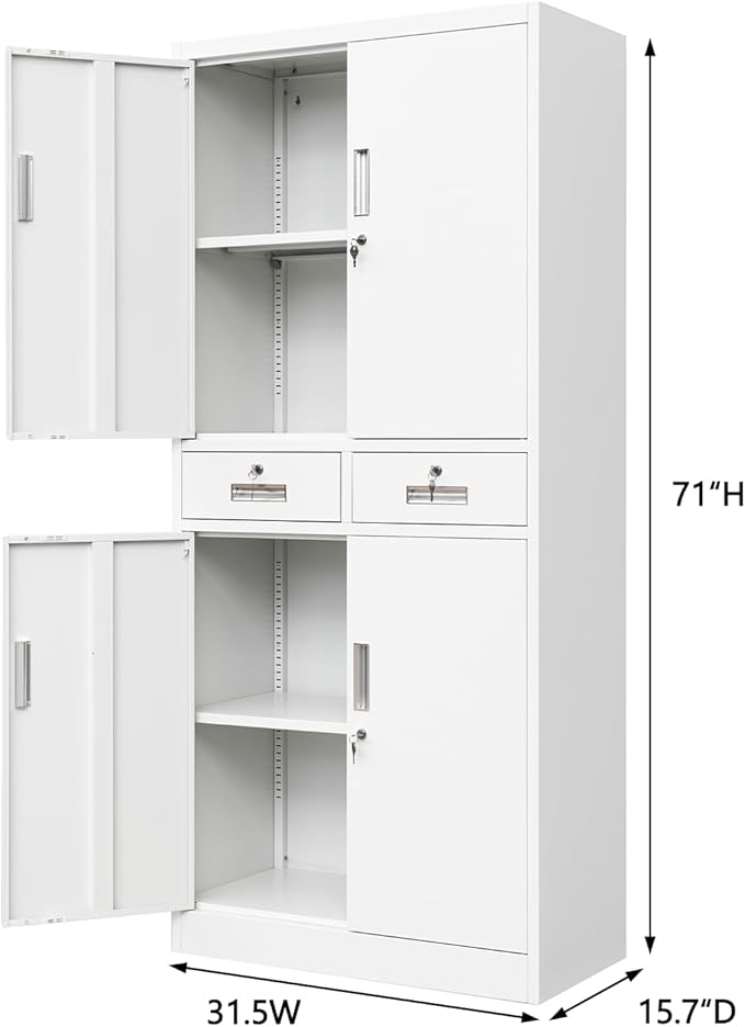 CJF Metal Storage Cabinet with Adjustable Shelves and Drawers, 71" H Locking Pantry Storage Cabinet for Office, Garage, Home, School, Utility (White)