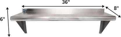 NSF Certified 18 Gauge Heavy Duty Stainless Steel Wall Shelf with Brackets for Kitchens, Utility Rooms, Storage, Offices & Home (36"x8")