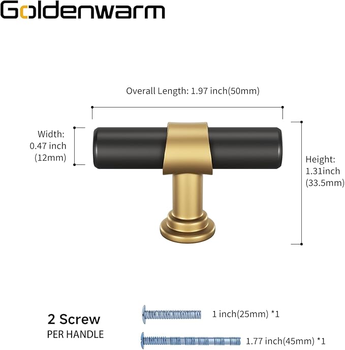 goldenwarm 25 Pack Black and Gold Cabinet Knobs Black Drawer Knobs Gold Cabinet Handles Kitchen Dresser Handles T Bar Hardware