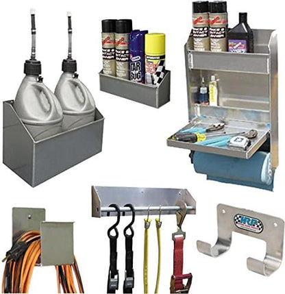 Speedway Motors Deluxe Junior Trailer and Garage Organizer Kit, All Aluminum Storage System with Strap Rack, Cord Holder, Spray Can Shelf, Fuel Jug Rack and Door Cabinet