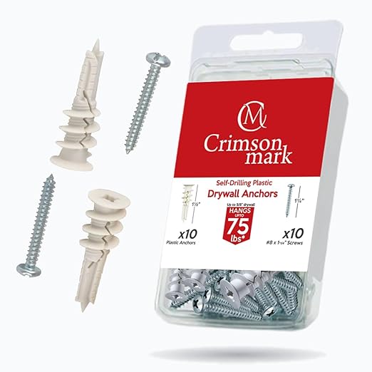 20Pcs Self Drilling Drywall Anchors and Screws kit #8 x 1-1/4”- Superb Wall Anchors for Drywall, Holds Upto 75lbs – No Drill Hole Required with These Dry wall Screws and Anchors