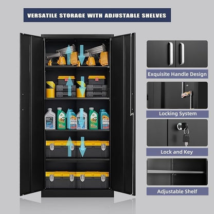 Metal Storage Cabinet with Adjustable Shelves, Garage Storage Cabinets with Doors and Shelves, File Cabinets for Home Office, Kitchen Pantry Cabinet, 71'H, Black