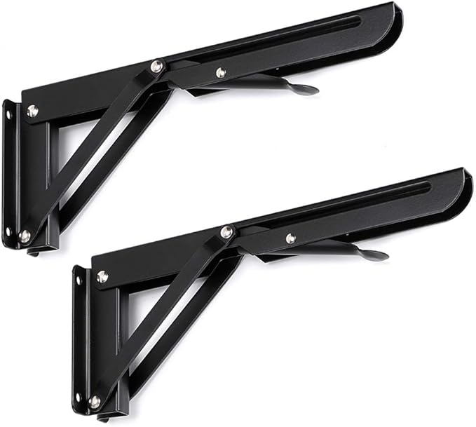 Sumnacon Sturdy Folding Shelf Brackets - Heavy Duty Metal Triangle Table Bench Folding Shelf Bracket 10 Inch, 2 Pcs Folding Shelf Hinge Wall Mounted, Max Load 132lb (Black)