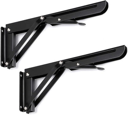 Sumnacon Sturdy Folding Shelf Brackets - Heavy Duty Metal Triangle Table Bench Folding Shelf Bracket 10 Inch, 2 Pcs Folding Shelf Hinge Wall Mounted, Max Load 132lb (Black)