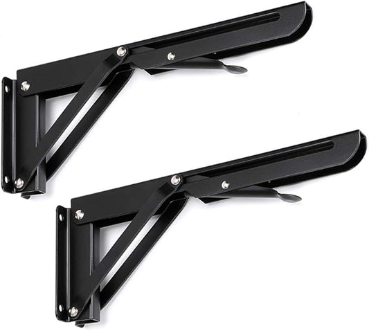 Sumnacon Sturdy Folding Shelf Brackets - Heavy Duty Metal Triangle Table Bench Folding Shelf Bracket 10 Inch, 2 Pcs Folding Shelf Hinge Wall Mounted, Max Load 132lb (Black)