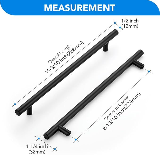 Black Cabinet Handles 8-3/4 Inch Hole Spacing Stainless Steel Drawer Pulls for Cabinets, Dresser, Bathroom 10 Pack