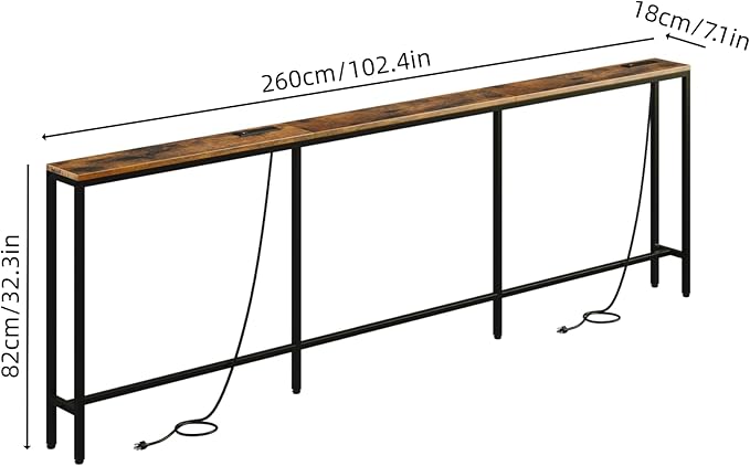 102.4" Behind Couch Table with 2 Fast Charging Stations, 7.1" Narrow Skinny Sofa Table with 4 Power Outlets, 4 USB-A, 2 USB-C for Console Entryway, Rustic Brown