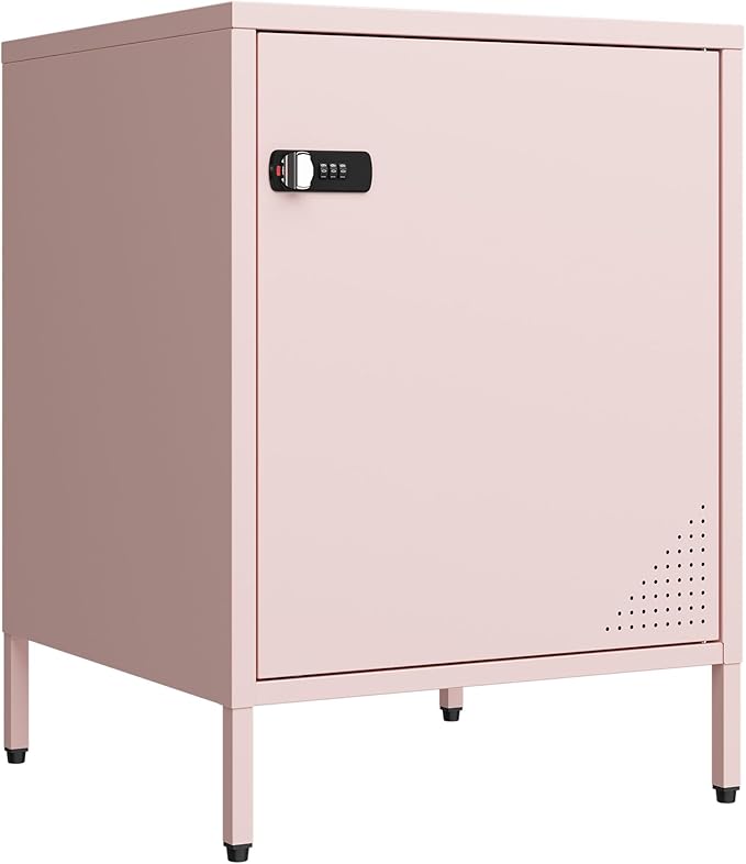 Metal End Table Single Door Bedside Nightstand Lockable Storage Cabinet Kids Locker for Living Room, Bedroom, Dorm,Home, Office 21.26”H X 15.75”W X 15.75”D (1 Door, Pink)