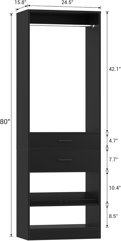 Unikito 25" W x 80" H Closet Organizer Storage with Hanging Rod and 2 Wooden Drawer, Adjustable Angled Shoes Rack, Sturdy Garment Racks, Walk-in Closet Tower for Bedroom, Mudroom, and Entryway, Black