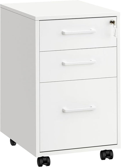 SONGMICS File Cabinet, Pre-Assembled Except Wheels and Handles, Office Filing Cabinet with Lock, for A4, Legal, Letter Sized Documents, 17.7 x 14.4 x 23.6 Inches, Matte White UOFC110W02