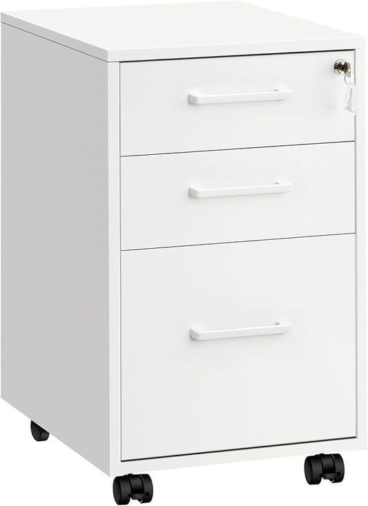 SONGMICS File Cabinet, Pre-Assembled Except Wheels and Handles, Office Filing Cabinet with Lock, for A4, Legal, Letter Sized Documents, 17.7 x 14.4 x 23.6 Inches, Matte White UOFC110W02