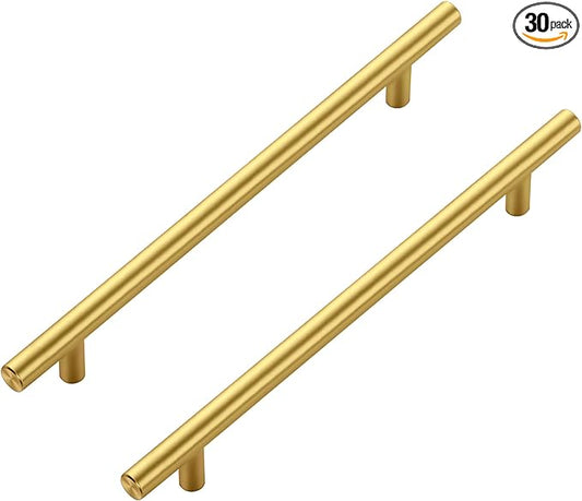 JOY DECOR 30 Pack Cabinet Handles, Gold Cabinet Pulls, 7-1/2 in Hole Center Kitchen Cabinet Handles, Stainless Steel T Bar Handles for Dresser Drawers