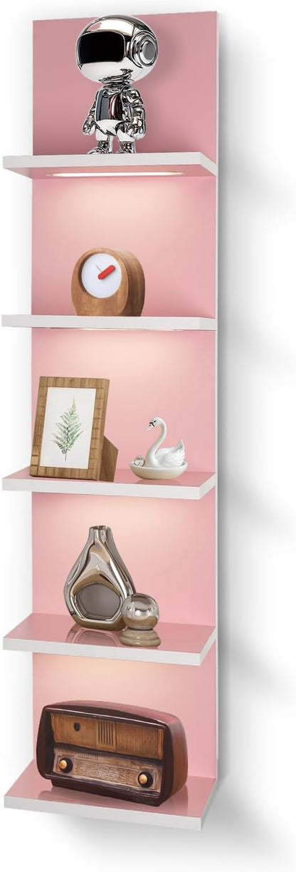 5 Tier Pink Wall Shelf Unit, Pink Shelves, Wall Shelves for Bathroom,Bedroom, Vanity Shelves, Wall Mount Vertical Lack Shelf with led