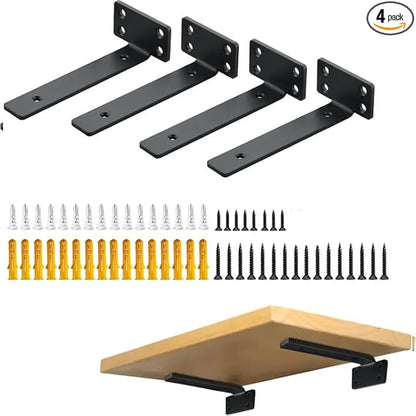 Alise Floating Shelf Brackets Black, 4 Pcs L Brackets for Shelves, 6'' Hidden Invisible Shelf Brackets,1/5" Inch Thick Heavy Duty Metal Wall Shelf Support Corner Brackets for Home and Mounting Shelf