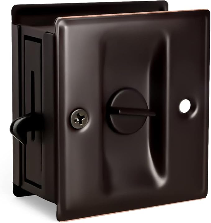HOMOTEK Privacy Sliding Door Lock with Pull Oil Rubbed Brass- Replace Old Or Damaged Pocket Door Locks Quickly and Easily, 2-3/4”x2-1/2”, for Door Thickness for 1-3/8”