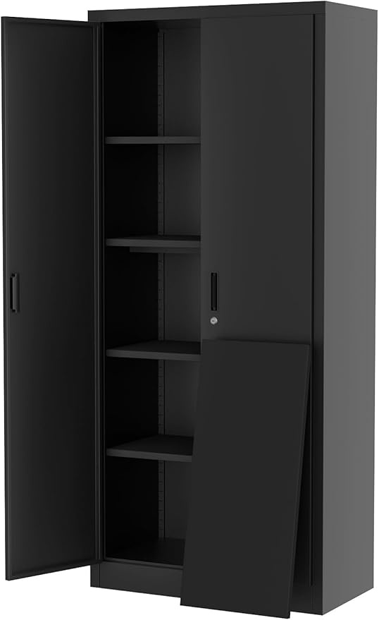 71" Metal Garage Storage Cabinet with 2 Doors and 4 Adjustable Shelves, Steel Lockable File Cabinet, Locking Tool Cabinets for Pantry, Garage, Office, Shop, Organization, Etc, Black