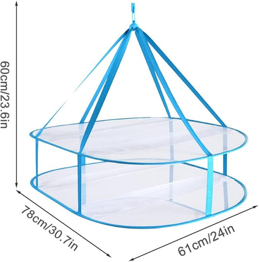 2 Tier Folded Mesh Clothes Hanging Dryer Sweater Drying Rack,Windproof Laundry Drying Rack,Foldable Hanging Mesh Dryer for Underwear Lingerie Sweater Outdoor, Indoor(blue,size:30.7x24x23.6inch)