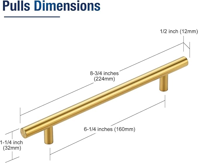 JOY DECOR 45 Pack 8-13/16 Inch Cabinet Pulls Kitchen Cabinet Handles with 6-1/4 Inch Hole Center Brushed Brass Cabinet Hardware Stainless Steel Kitchen Drawer Pulls 160mm Hole Centers