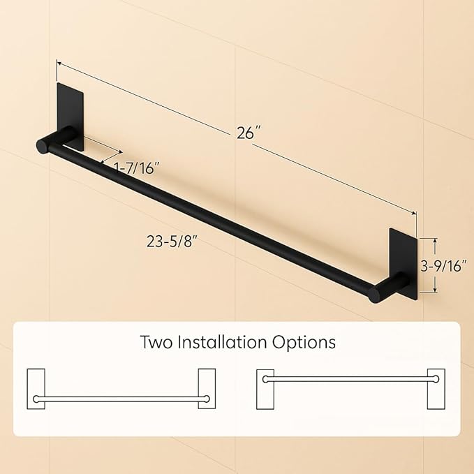 KES Bathroom Towel Bar Usable Length 24-Inch Adhesive Hand Towel Holder No Drill Wall Mounted SUS 304 Stainless Steel Matte Black, A7000S60B-BK