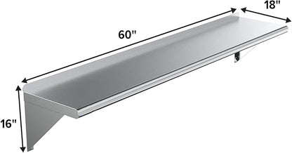 NSF Certified 18 Gauge Heavy Duty Stainless Steel Wall Shelf with Brackets for Kitchens, Utility Rooms, Storage, Offices & Home (60'x18)