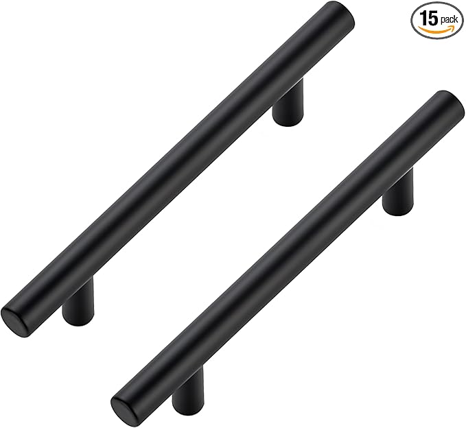 JOY DECOR 15 Pack Cabinet Handles, Black Cabinet Pulls, 4 in Hole Center Kitchen Hardware, Stainless Steel T Bar Handles for Dresser Drawers