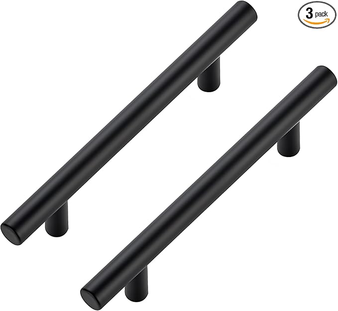 JOY DECOR 3 Pack Cabinet Handles, Black Cabinet Pulls, 4 in Hole Center Kitchen Hardware, Stainless Steel T Bar Handles for Dresser Drawers