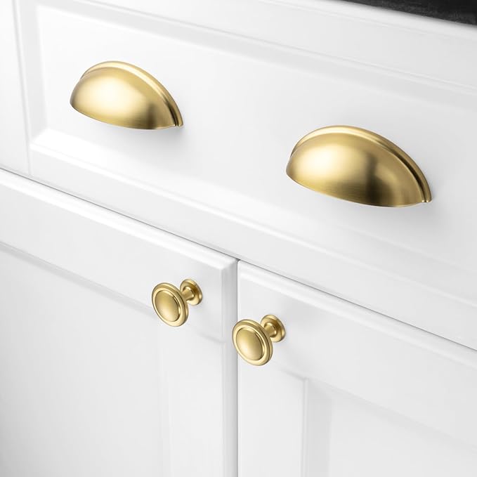 KOOFIZO 10 Pack 3 Inch Bin Cup Drawer Pulls Brushed Gold Cabinet Handles Gold Cabinet Pulls for Kitchen Cabinets Drawer Dresser Cupboard Bedroom Bathroom