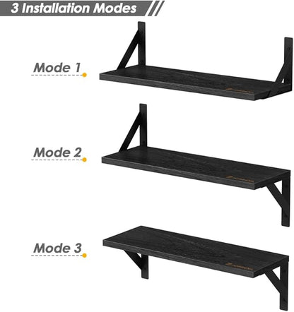 Forbena Black Floating Shelves Bathroom Set of 3, Wooden Wall Book Shelves, Rustic Shelf for Storage, Bathroom Organizer, Living Room, Kitchen, Office (Black)