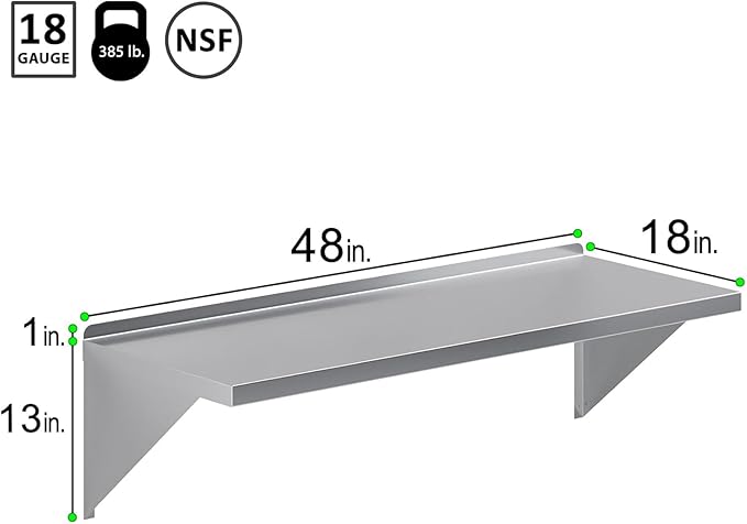 | Stainless Steel Wall Shelf | Square Edge | Metal Shelving | Heavy Duty | Commercial Grade | Wall Mount | NSF Certified (18" Width x 48" Length)