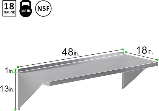 | Stainless Steel Wall Shelf | Square Edge | Metal Shelving | Heavy Duty | Commercial Grade | Wall Mount | NSF Certified (18" Width x 48" Length)