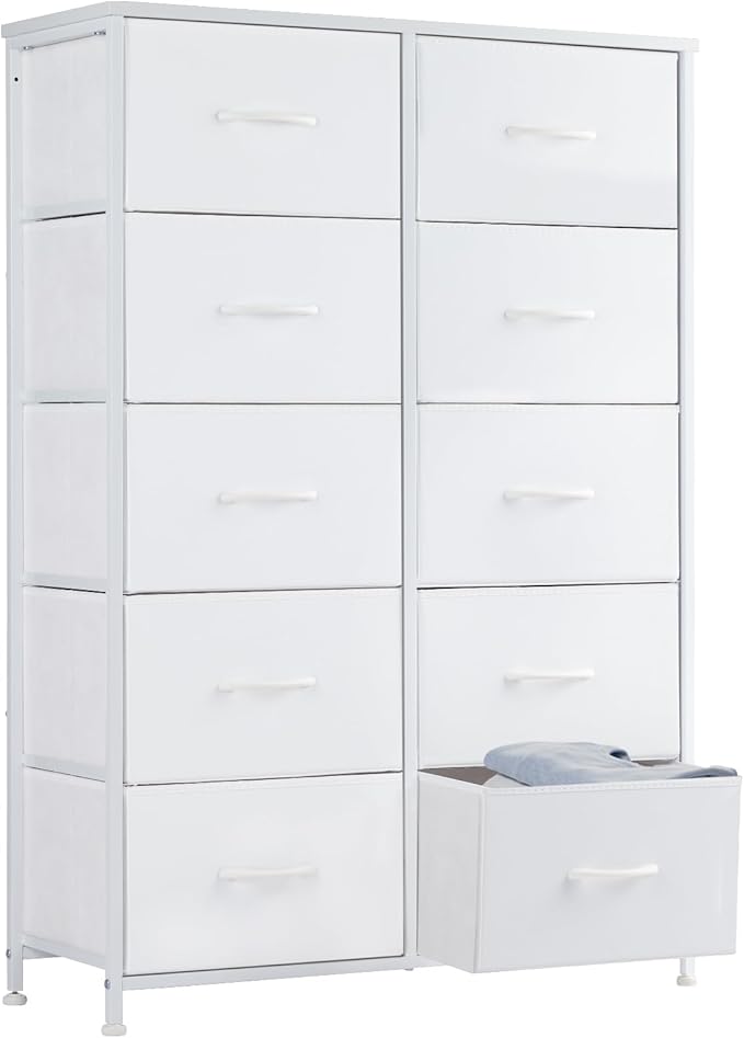 Sweetcrispy 10 Drawer Fabric Dresser Tall Chest Storage Organizer Tower with Cabinet Metal Frame and Wood Top Lightweight Closet Furniture for Bedroom,Cream White