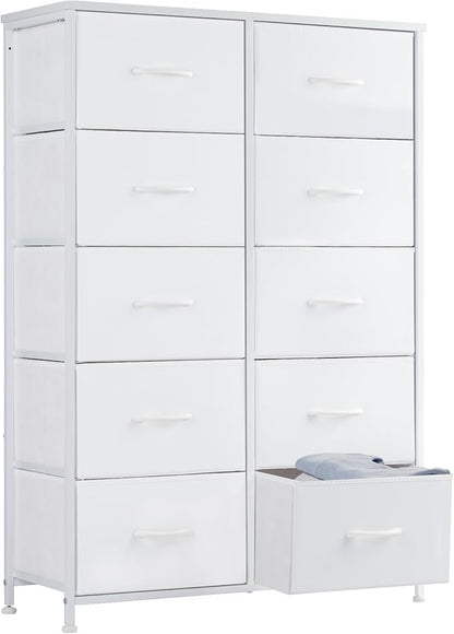 Sweetcrispy 10 Drawer Fabric Dresser Tall Chest Storage Organizer Tower with Cabinet Metal Frame and Wood Top Lightweight Closet Furniture for Bedroom,Cream White