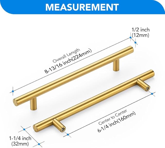 Brushed Brass Cabinet Handles 6-1/4 Inch Hole Spacing Stainless Steel Drawer Pulls for Cabinets, Dresser, Bathroom 20 Pack
