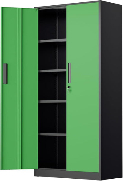 SUNCROWN 72" Metal Storage Cabinet - Heavy-Duty Metal Garage Cabinet with 4 Adjustable Shelves & 2 Doors for Tools, Office, Home, Workshop,Black & Green-Small