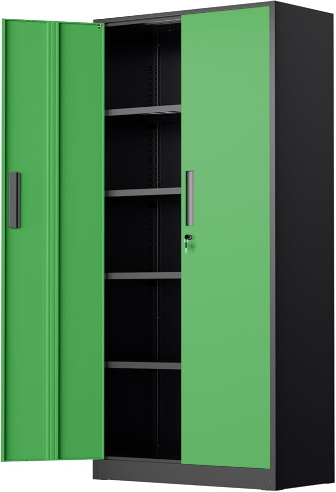 Bonusall 72" Metal Garage Storage Cabinet， Heavy-Duty Steel Cabinet with 2 Locking Doors & 5 Adjustable Shelves for Home, Office, or Workshop Organization(Black Green)