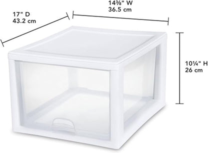 Sterilite 4-Pack 27 Quart Stacking Drawer, Clear Storage Closet Organizer, White Frame - Stackable Modular Plastic Drawers for Clothes, Accessories, Craft Supplies, Shoes or Linens