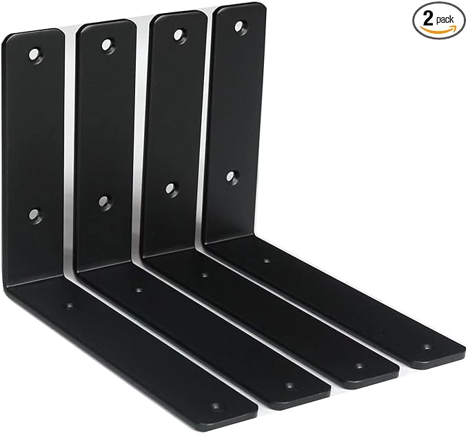 2 Pack - L 8" x H 6" x W1.5, 5mm Thick Black L Shelf Bracket, Iron Shelf Brackets, Metal Shelf Brackets, Floating Shelf, Shelf Supports with Screws