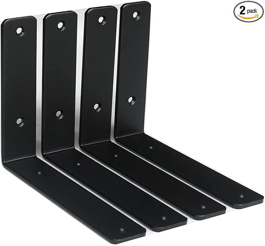 2 Pack - L 8" x H 6" x W1.5, 5mm Thick Black L Shelf Bracket, Iron Shelf Brackets, Metal Shelf Brackets, Floating Shelf, Shelf Supports with Screws