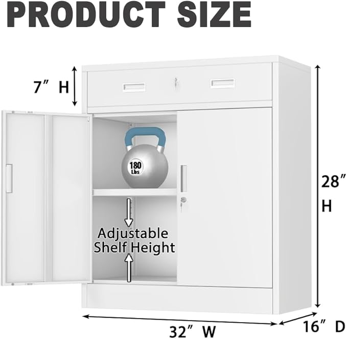 CJF Metal Storage Cabinet, Locking Storage Cabinet with 1 Drawer and Adjustable Shelf, 36" H x 28" W x 16" D White Metal Cabinets for Office, Home, Garage