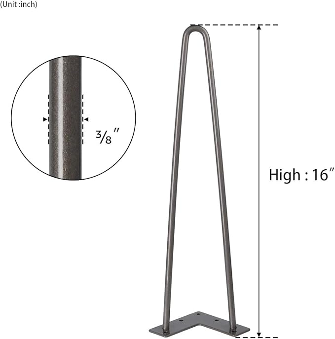 SMARTSTANDARD 16 Inch Heavy Duty Hairpin Furniture Legs, Metal Home DIY Projects for Nightstand, Coffee Table, Desk, etc with Rubber Floor Protectors Grey 4PCS