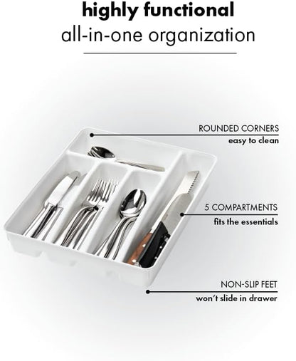 madesmart Silverware Tray, 5 Compartment Flatware Organizer for Forks, Knives & Spoons, Durable Drawer Organizer, White